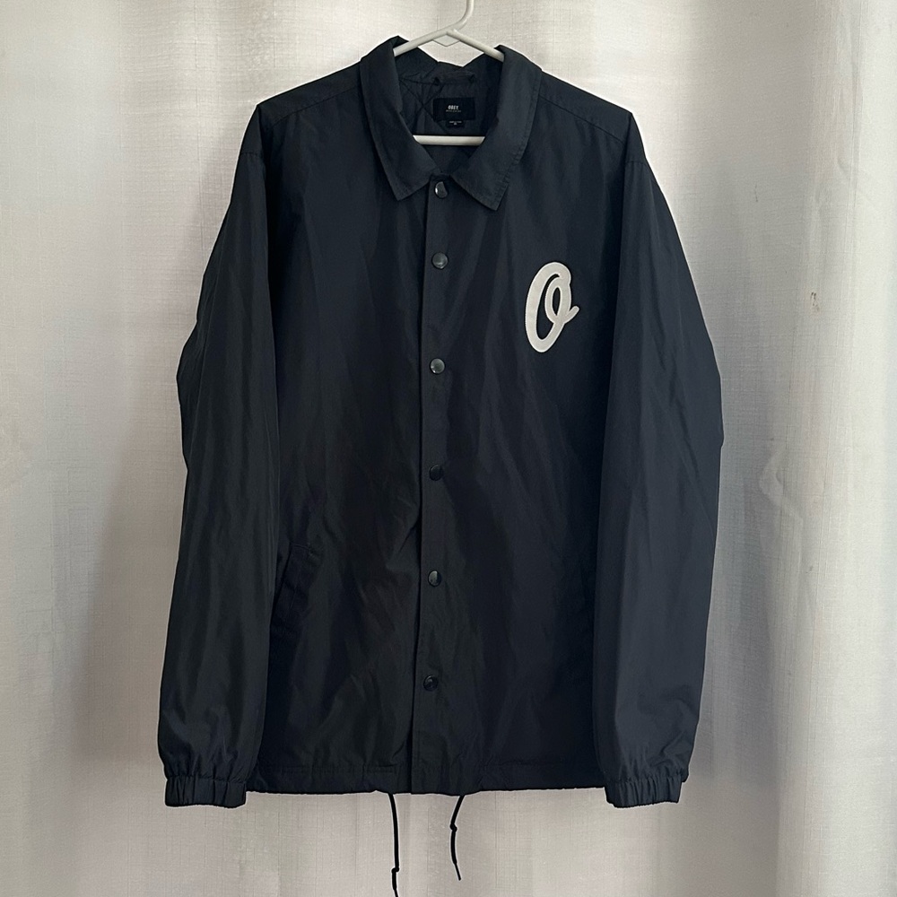 Obey Worldwide Sanders Coaches Dusty Navy Spellout Windbreaker Lined Jacket